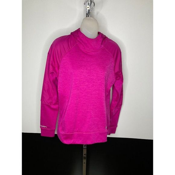𝅺MEDIUM Under Armour Heatgear womens bright pink hoodie sweatshirt XStorm - Picture 2 of 7